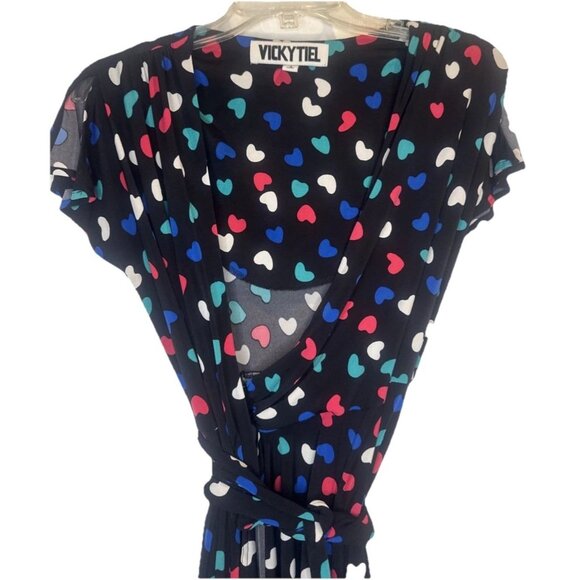 Vicky Tiel Women's Colorful Heart Split Flutter Sleeve Wrap Midi Dress Sz S - Picture 2 of 8